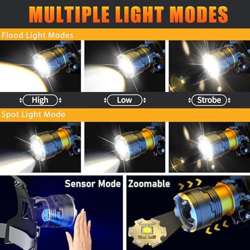 Head Torch Rechargeable,Super Bright 50000LM 6 Modes LED Headlight with Red Warning Light Motion Sensor,5200mAh USB Rechargeable Waterproof Adjustable Headlamp for Camping Running Fishing Outdoor — view 3