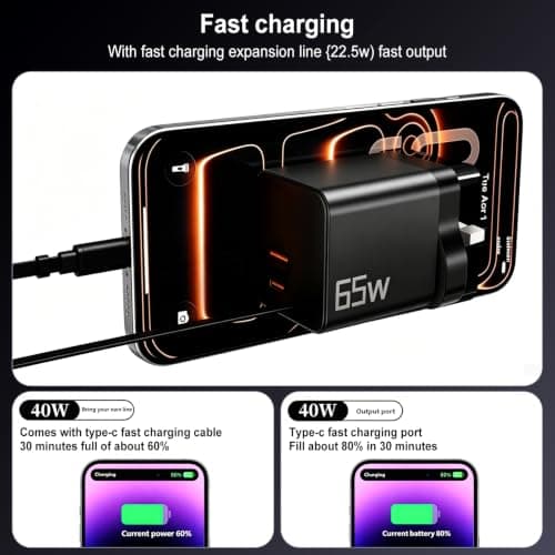 PowerTravel UK 65W USB C Charger, Retractable Cable, 3 in 1, GaN, 0.7m (Black) — view 3