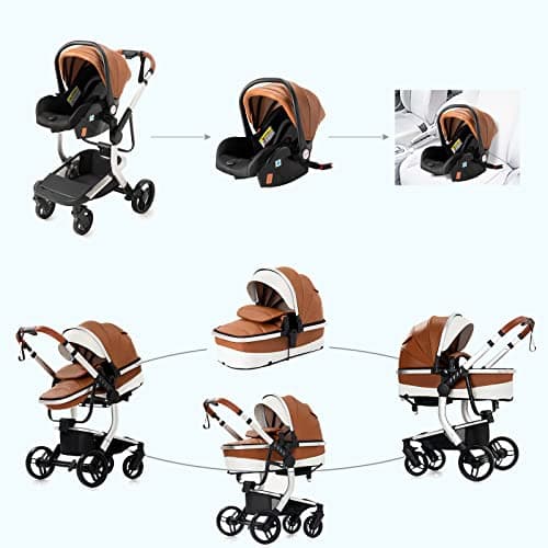 Magic ZC PU Leather 3 in 1 Pushchair Pram Travel System, Baby Stroller 3 in 1 with Reversible Two Pushing Modes, Newborn Infant Carriage One-Click Folding, Toddler Buggy Aluminum Frame (Khaki 518) — view 4
