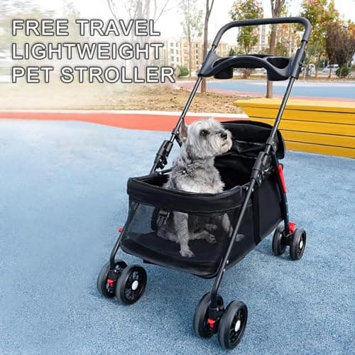Pet Stroller, 4 Wheels Dog Buggy Cat Stroller, Outdoor Travel Pet Folding Strollers, Dog Cat Cage Strollers with Cup Holder, Breathable and Visible Mesh for Medium Small Dogs (Black) — view 6