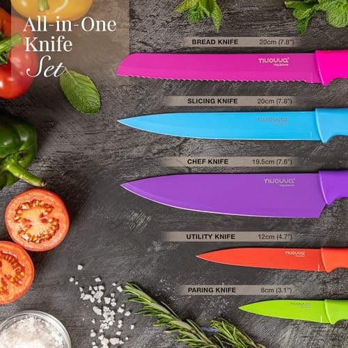 nuovva Professional Kitchen Knife Set – 5pcs Colour Coded Kitchen Knives – Stainless Steel Non Stick Blades – Chefs, Filleting, Bread, Paring and Utility Knives — view 3