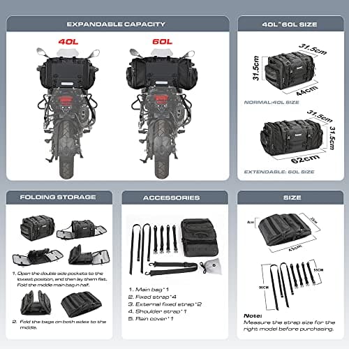 Rhinowalk Motorcycle Travel Luggage, Motorcycle Tail Bag,Waterproof All Weather/Trunk/Rack Bag with Sissy Bar Straps-Black — view 2