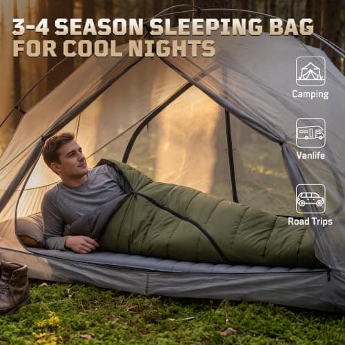 3–4 Season Sleeping Bag for Adults (Comfort 0°C-5°C) – Fits up to 185cm (6'1") Lightweight, Water-Resistant Mummy Sleeping Bag with Hood, Compact Compression Sack for Camping & Hiking — view 2