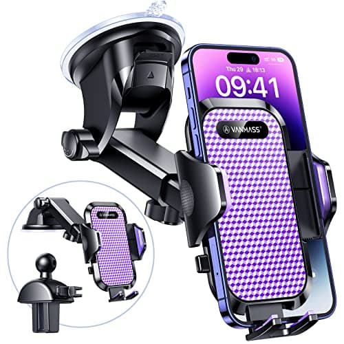VANMASS Car Phone Holder 2026 BEST【85+lbs Strongest Suction &Vent Clip】True Military-Grade Patent Universal Mobile Vehicle Mount Dashboard Windscreen Van Cradle for 17 Pro Max 16 15 14 Samsung, Purple