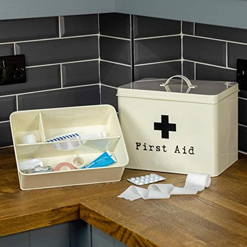 Harbour Housewares Vintage Metal First Aid Box - 29cm - Cream - Medical Storage Tin with Airtight Lid, Handle & 2-Tier Removable Organiser Tray - Steel Medicine Storage Plasters, Pills & Essentials — view 5