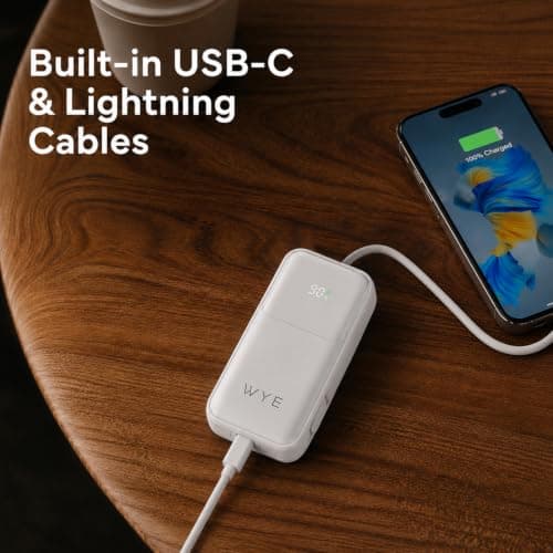 WYE 10000mAh Portable Power Bank with Built-in USB-C & Lightning Cables, 22.5W Fast Charging External Battery Pack, Compact Powerbank Charger for iPhone, Samsung, Pixel and Android - White — view 5