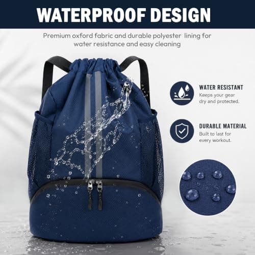 Sioloc Blue Waterproof Drawstring Backpack for Gym & Swim – Lightweight Sports Bag with Shoe Compartment, Large Capacity, Wet/Dry Pockets (Men & Women) — view 5