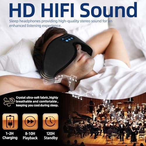 Bluetooth Sleep Mask, Wireless Headphones Headband 3D Breathable Eye Mask for Sleeping with Bluetooth Speaker for Meditation, Travel, Yoga, Relaxation, Adjustable Sleep Earphones for Men Women (Black) — view 4