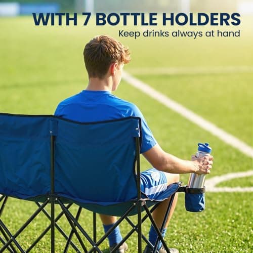 Outsunny 6 Seater Folding Bench Portable Chair Metal Frame Cup Holder Blue — view 5