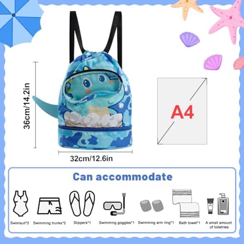 AffeGifts Drawstring Kids Swimming Bag, Waterproof Swim Bag with Dry-Wet Separation, Beach Backpack for Boys (Blue) — view 6