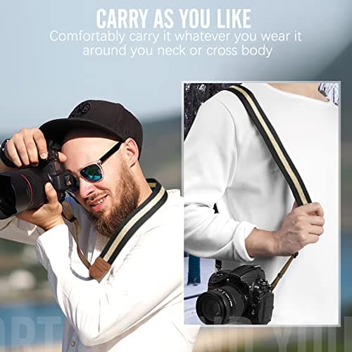 MoKo Camera Strap, Cotton Woven Camera Strap, Adjustable Universal Neck & Shoulder Strap for Video Camcorder, Binoculars, and Nikon/Canon/Sony/Minolta/Panasonic/SLR/DSLR Digital Cameras, Black & Beige — view 6