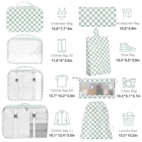 8 Set Packing Cubes for Suitcases,Suitcase Organizer with Shoe,Cosmetics,Clothing, and Accessories Bags for Travel Luggage Organizer Women Men(Green Checkered) — view 2