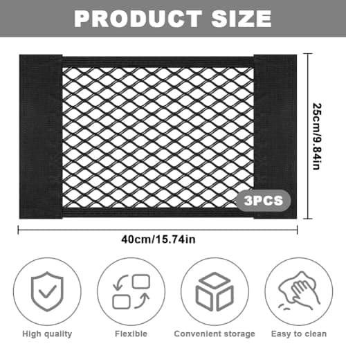 AOOWU Car Boot Storage Net 3 PCS, Black Magic Adhesive Mesh Cargo Net, Elastic storage Net for Van, Caravan, Trunk, Cargo, Camping, Car Organiser Essentials, Car Back Rear Trunk Seat Mesh Net, 40x25cm — view 2