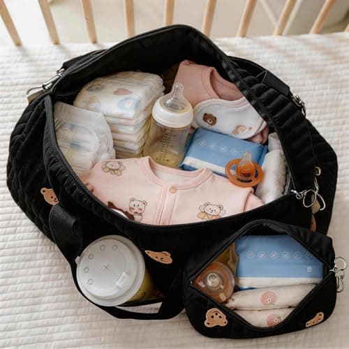 Gonggi Large Baby Changing & Hospital Maternity Bag, Cotton Mommy Diaper Tote Bags with Embroidery Large Capacity Multiple Soft Nappy Bag Lightweight Travel Duffel Bags with Shoulder Strap (Black-B) — view 6