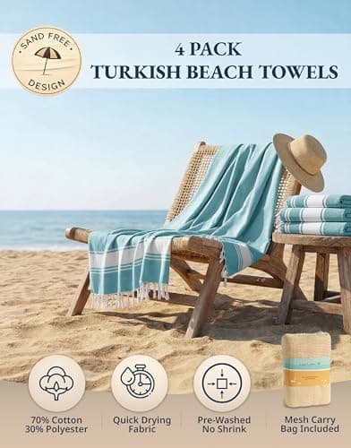 LANE LINEN Oversized Beach Towel - Cotton Rich Beach Towels 4 Pack, Pre-Washed Pool Towel, Extra Large Beach Towel, Quick dry & Sand Free, Lightweight Travel Towel, 39"x71" - Aqua — view 2