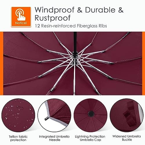 Bodyguard Inverted Umbrella Large Windproof Umbrellas for Rain Sun Travel Umbrella Compact with Reflective Stripe, Burgundy-46 IN — view 3