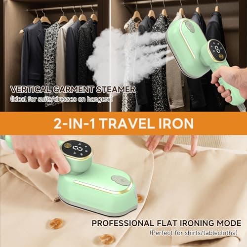 Travel Steamer for Clothes, 1400W Travel Iron, 10-Second Rapid Heat-Up Clothes Steamer with LCD, 180° Rotating Handle & Ceramic Soleplate for Travel, Home, Office Use（Green） — view 3