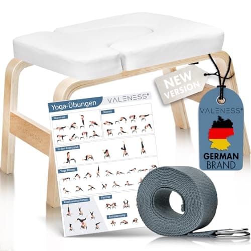 VALENESS® Yoga Headstand Stool - Premium Quality Yoga Stool Including Yoga Strap, Yoga Block & Exercise Poster - Yoga Chair for Handstand Exercise Made of Solid Natural Wood