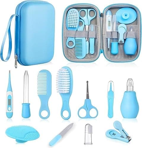 Baby Healthcare and Grooming Kit Nursery Care Kit, Newborn Safety Health Care Set with Hair Brush,Comb,Nail Clippers and More for Newborn Infant Toddlers Baby Boys (Blue)