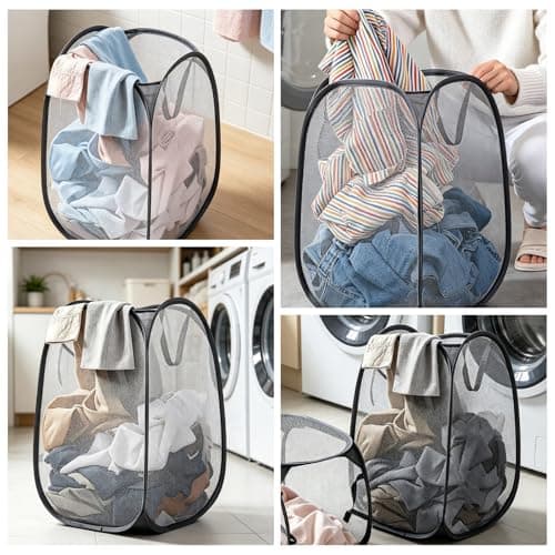 2 Pack Foldable Mesh Laundry Baskets, Collapsible Washing Bag with Handles & Side Pocket, Large Capacity Dirty Clothes Basket for Bedroom, Bathroom, Kids Room Student Dorm Travel — view 4