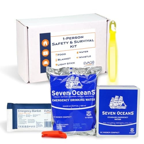 EVAQ8 Compact 1-Person Safety & Survival Kit – Long-Life Food (2,400 kcal), Long-Life 500 ml Water, Foil Blanket, Light Stick & Whistle • 4-Year Shelf Life