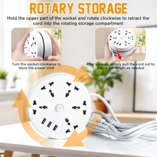 BIZOI Extension Lead With USB Slots, 5-Outlet Surge Protector Power Strip with 3 USB Ports, 2.8m Safer Plug Extension Socket, 2500W 10a Muti Power Strip, Rollable Retractable Travel Extension Lead — view 6