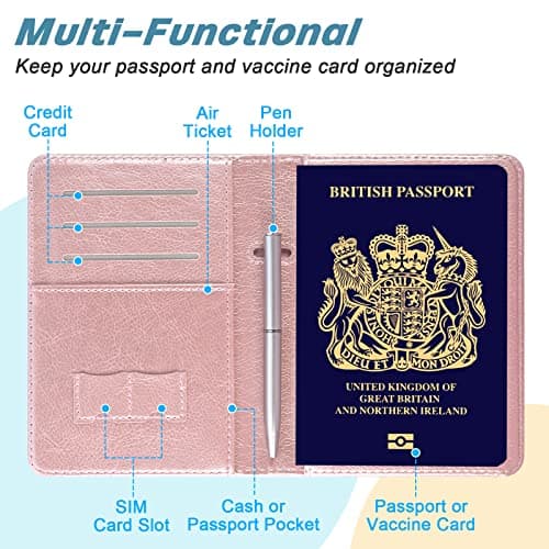 DMLuna Passport Holder, Premium PU Leather Travel Passport Wallet RFID Blocking Passport Cover Case Travel Documents Organizer with Pen Holder, for Women and Men - Rose Gold — view 4