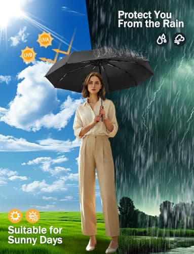 SoulRain Strong Windproof Travel Umbrella with Wooden Handle, Automatic Open Close Compact Folding for Rain & Sun UV Protection, Lightweight Durable Portable for Car, Backpack, Women & Men(Black) — view 4