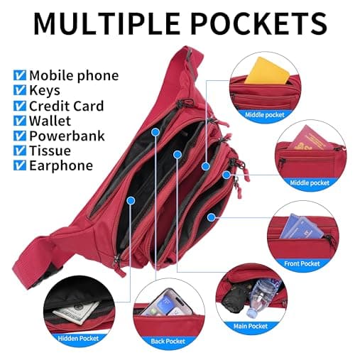 Bumbags Waist Fanny Pack Fashion Bum Bag with 30cm Extended Belt for Dog Walking Climbing Hiking Travel Cycling Girls Ladies Men Women (Red) — view 2