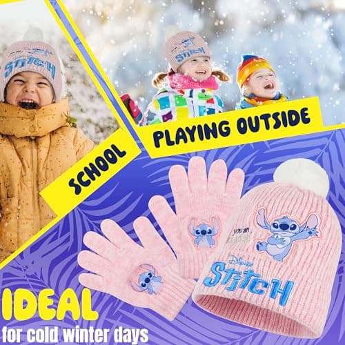 Disney Stitch Girls Beanie Hat and Gloves Kids Teenagers 2 Pcs Winter Accessories Set for School or Travel, Stitch Gifts (6-14 Years, Pink Stitch) — view 4