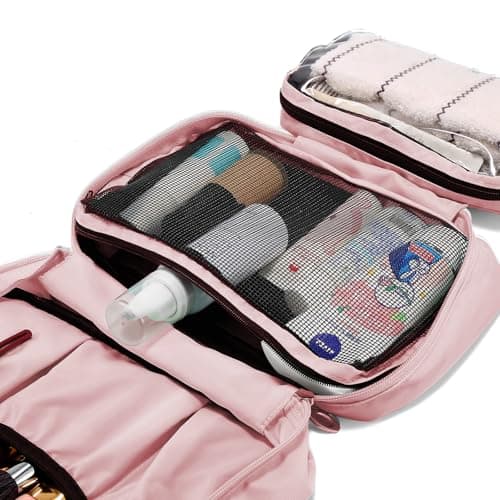 homchen Hanging Toiletry Bag Travel Kit for Men Women, Upgrade Large Capacity Wash Bag Makeup Bag with 4 Compartments, Foldable Compact Size (Pink) — view 4