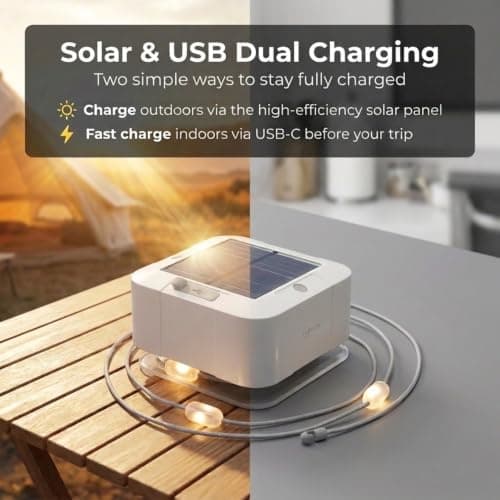 Auraglow Solar & USB Outdoor LED String Lights - Rechargeable Battery, Built-in Torch & Power Bank - Ideal for Camping, Hiking, Tent, Gazebo, Parasol & Garden Lighting - White — view 3