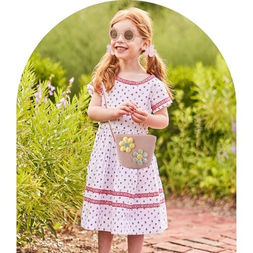 DAVBNM Cute Floral Straw Crossbody Bags Girl Shoulder Bag Girls Handbags Toddler Handbag, Braided Floral Princess Bag Woven Straw Bags + Flower Sunglasses & Floral Headbands for Shopping School Travel — view 2