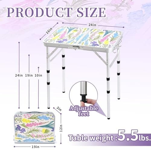 Yriuat Folding Camping Table 2ft Portable Pinic Table Adjustable Height Small Card Table Aluminum Foldable Lightweight with Carry Handle for Outdoor Indoor Hiking Camp BBQ Beach (Blooming Floral) — view 3
