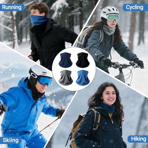 4 Packs Neck Warmer for Men Women Unisex Fleece Winter Neck Gaiter Windproof Bandana Face Covering Scarf for Skiing Motorcycle Running Cycling (black+navvyblue+skyblue+grey, one size) — view 6