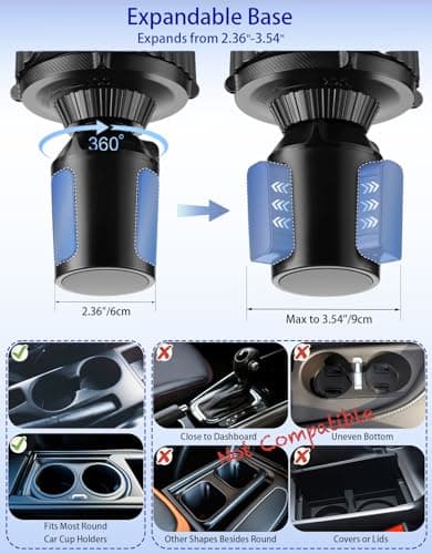 Figtacico Car Cup Holder Tray - 4 in 1 Car Cup Holder Expander with Metal Cupholder, Detachable Tray and Adjustable Phone Mount for All Purpose, Automotive Essentials for Driver and Front Passenger — view 3