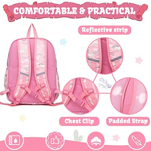 VASCHY 11.5L Lightweight Backpack for Boys Girls Water Resistant Backpack with Reflective Chest Strap with Elastic Bottle Pockets for Kindergarten, Glitter Unicorn, Taille unique, daypack backpack — view 3