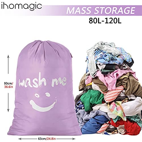 IHOMAGIC Extra Large Laundry Bag with Drawstring, Jumbo Size Washing Bag - Foldable Clothes Bag, Smile Durable Fabric Polyester Storage Bag for College Dorm Hotel Gym 61x92cm Purple — view 2