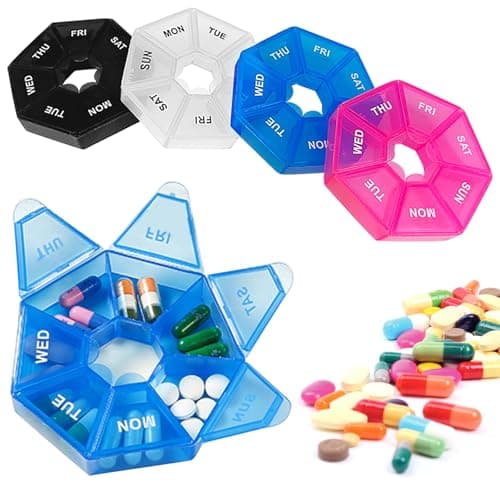 4Pcs Portable Weekly Pill Box Organiser,Easy to Open 7 Day Tablet Box,Mini Weekly Travel Pill Case with Snap Shut Lids Design,Tablet Organiser for Vitamins Supplements & Medicine