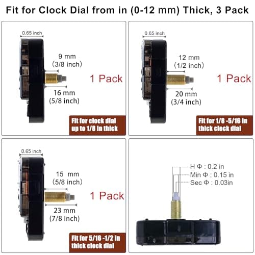 EMOON 3 Pieces Silent Clock Mechanism Replacement Kit, Battery Operated Clock Movement Parts with 7 Pack Clock Hands (Total Shaft Length 16mm,20mm,23mm) — view 3
