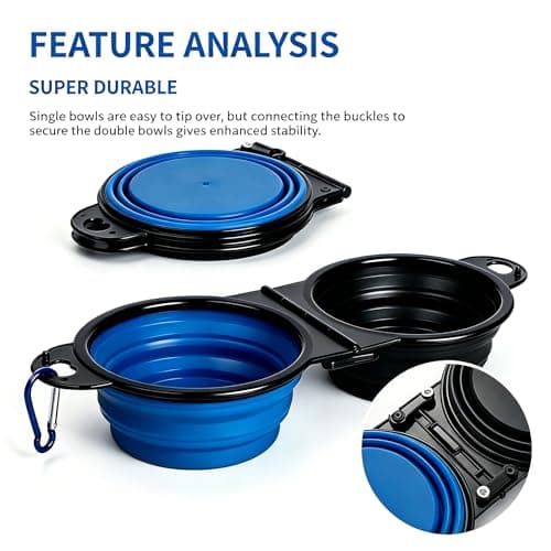 Anti-Tipping Connected Dual Foldable Pet Bowls, 350ml each for small dogs & cats, reinforced rim, collapsible portable food & water feeder, great for walking, hiking, outdoor activities (Black & Blue) — view 2