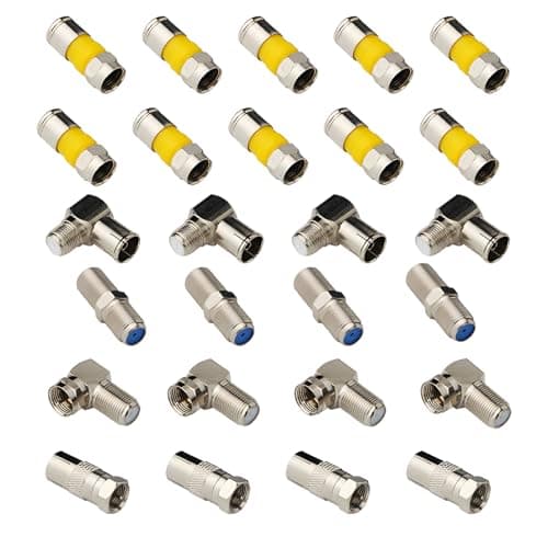 CESFONJER RG6 F-connector Kit, Coaxial cable adapter, f type coupler, F connector angle, Compression F-Type Plugs (Pack of 26