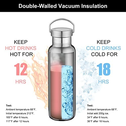 Volhoply Silver Stainless Steel Water Bottles,600 ML Vacuum Insulated Double Wall Travel Bottle with Leak Proof Lid of Handle,Metal Reusable Standard Mouth Flask for School,Hikers,Gift — view 3