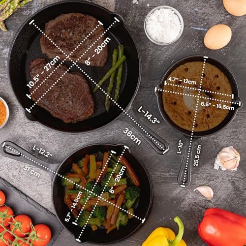 nuovva Pre-Seasoned Cast Iron Skillet Frying Pans Oven Safe Cookware for Indoor & Outdoor Use - Grill, StoveTop, PFOA & PTFE Free (3-Piece Chef Set 6-Inch 15cm, 8-Inch 20cm, 10-Inch 25cm) — view 2