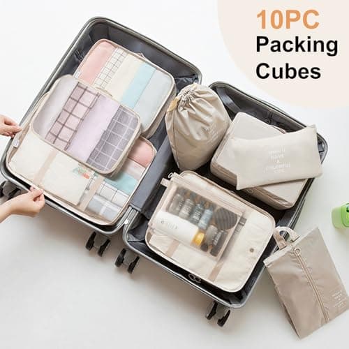 Packing Cubes for Suitcases, 10 pcs Travel Organiser Packing Bags for Clothes Shoes Toiletries Travel Luggage Organizers Storage Bags-Beige — view 5