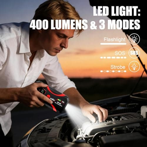 Car Battery Jump Starter, Portable Power Battery Pack 2000A Peak Jump Box for Motorcycle Up to 7L Gas & 4L Diesel 3 Modes Flashlight and Safety Jumper Clamps — view 3