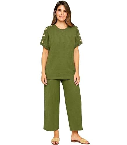 Womens Short Sleeve Round Neck Gold Button Shoulder Popcorn Texture Tracksuit Ladies Airport Two Piece Set Matching Wide Leg Crop Pants Track_suits Lounge Sets (KHAKI, 20-22) — view 2