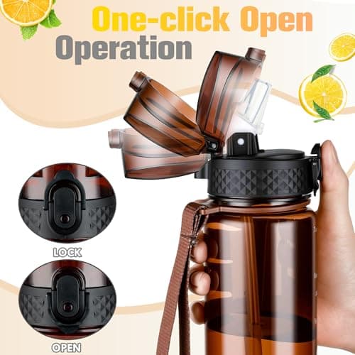 GOPPUS 500ml/17oz Kids Water Bottles with Straw Tritan Childrens Bottle with Flip Top Lid BPA Free Measured Drinks Bottle with Strap Sports Reusable Time Markings Leakproof (Transparent Brown) — view 3