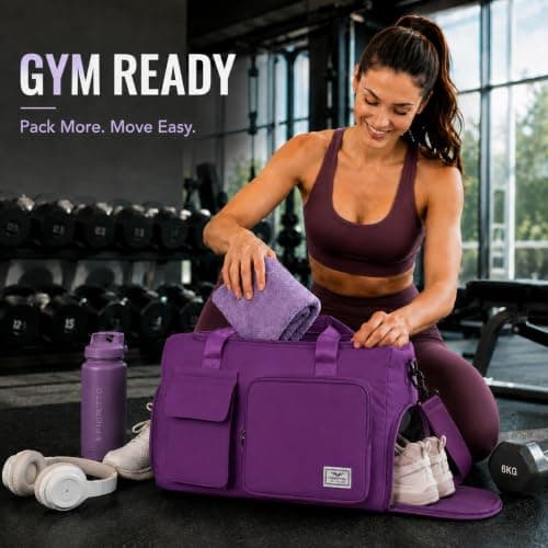 FIORETTO Womens Mens Sports Gym Bag Duffle Bag with Shoes Compartment, Weekend Travel Bag Overnight Bag for Women, Water Resistant Holdall Hospital Bag for Swimming Purple — view 2