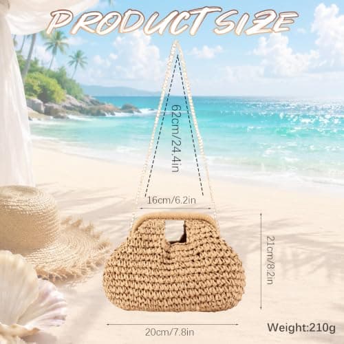 WHGHG 1 Pack Raffia Crossbody Bags for Women, Brown Straw Bag with Canvas Lining, Boho Raffia Clutch Bag for Summer Beach Holiday Wedding, Handwoven Shoulder Handbag, Eco-Friendly Vacation Purse — view 2
